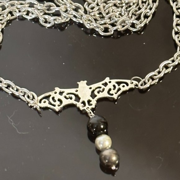 Conceptual Subculture Jewelry - Bat Silver Stainless Steel Necklace Gothic Chain Punk Rock Biker Goth Onyx